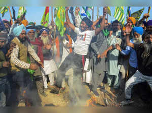 Patiala: Farmers burn effigies during the 'Black Day' protest at the Punjab-Hary...