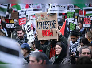 Pro-Palestinian activists and supporters wave flags and carry placards during a National March for Palestine in central London on February 17, 2024.