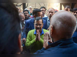 Delhi's chief minister Arvind Kejriwal (C) visits after a paint factory caught fire at Alipur in Delhi's northern outskirts on February 16, 2024.