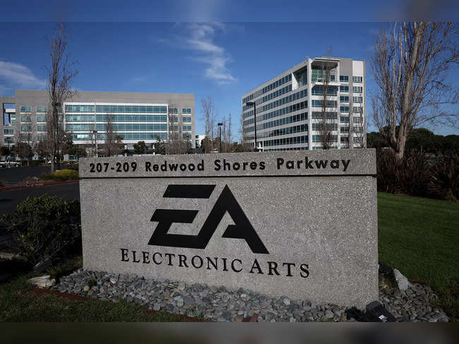 A sign is posted in front of the Electronic Arts (EA) headquarters on January 30, 2024 in Redwood City, California.