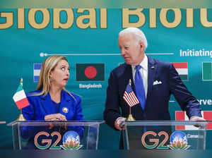 Italian Prime Minister Giorgia Meloni, left, and U.S. President Joe Biden attend...