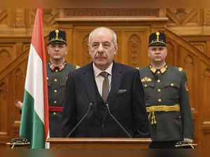 Newly elected Hungarian President Tamas Sulyok takes an oath during his inaugura...