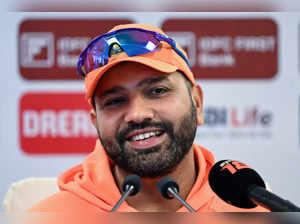 India's captain Rohit Sharma speaks during a press conference on the eve of the fifth and final Test cricket match between India and England at the Himachal Pradesh Cricket Association Stadium in Dharamsala on March 6, 2024.