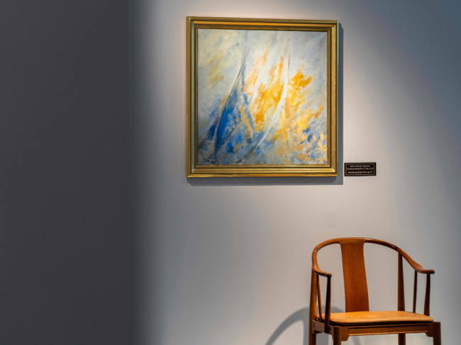 A painting without title by Queen Margrethe II of Denmark from 1988 is on display at the Bruun Rasmussen auction house in Lyngby, Denmark.