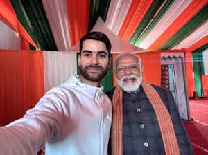 Srinagar, Mar 07 (ANI): Prime Minister Narendra Modi poses for a selfie with Naz...