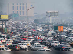 Gurugram: Vehicles stuck in a heavy traffic jam on Delhi-Gurugram Expressway nea...