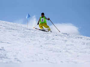 An Afghan skier competes in a ski race on the outskirts of Bamiyan province on March 8, 2024.