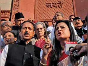 New Delhi: TMC leader Mahua Moitra speaks to the media after her expulsion from ...