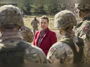Danish Prime Minister Mette Frederiksen meets conscripts during a visit to Air Base Karup, the main air base of the Royal Danish Air Force, in Jutland, Denmark on March 7, 2024.