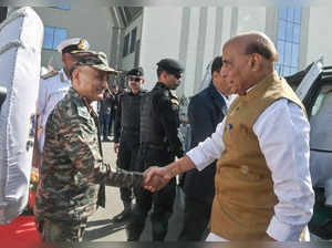 New Delhi, Mar 15 (ANI): Defence Minister Rajnath Singh being welcomed by Chief ...