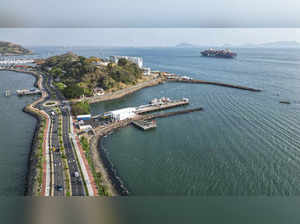 Aerial view of the Amador Causeway in Panama City, taken on March 9, 2024.