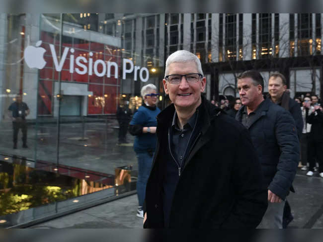 Apple CEO Tim Cook arrives for the release of the Vision Pro headset at the Apple Store in New York City on February 2, 2024.