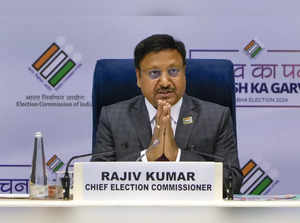 New Delhi: Chief Election Commissioner Rajiv Kumar gestures during announcement ...