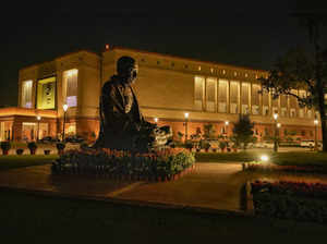 New Delhi: Mahatma Gandhi's statue at the Parliament House complex during the Bu...