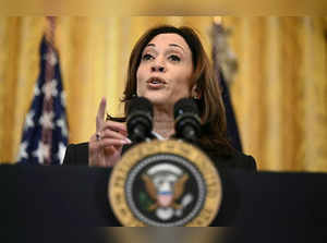 US Vice President Kamala Harris speaks during a reception honoring Women's History Month in the East Room of the White House in Washington, DC, March 18, 2024.