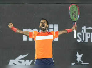 Bengaluru: India's Sumit Nagal celebrates after winning the singles round of 16 ...