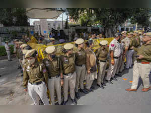 New Delhi: Police personnel deployed outside the Rouse Avenue Court before the a...
