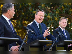 Australia's Deputy Prime Minister and Defence Minister Richard Marles, Britain’s Foreign Secretary David Cameron, and Britain's Secretary of State for Defence Grant Shapps hold a media conference at Government House in Adelaide, South Australia, on March 22, 2024, as part of the annual Australia-United Kingdom Ministerial Consultations (AUKMIN).