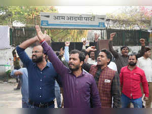 New Delhi: AAP supporters raise slogans against the arrest of Delhi Chief Minist...
