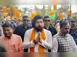 Cooch Behar: Union Minister and BJP candidate Nisith Pramanik takes out a rally ...