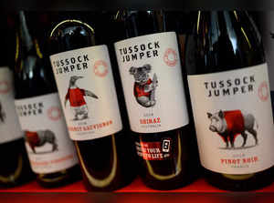 A bottle of Australian wine (2nd R) is displayed amongst other wines at a shop in Beijing on December 23, 2020.