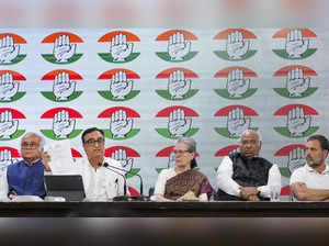 New Delhi: Congress President Mallikarjun Kharge and party leaders Sonia Gandhi,...
