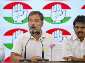 New Delhi: Congress leader Rahul Gandhi briefs the media, at AICC headquarters, ...