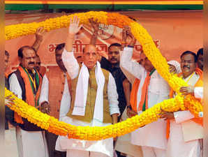 Chatra: Defence Minister Rajnath Singh during a rally ahead of Lok Sabha electio...