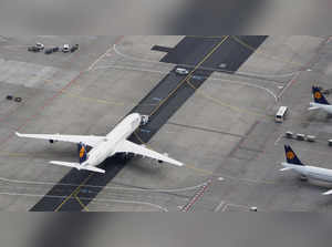 FILE PHOTO: An aerial view shows a Lufthansa plane on tarmac in Frankfurt's airport