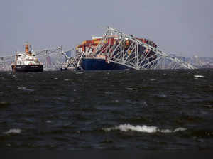 Wreckage from the Francis Scott Key Bridge rests on the Dali cargo ship on March 29, 2024 in Baltimore, Maryland.