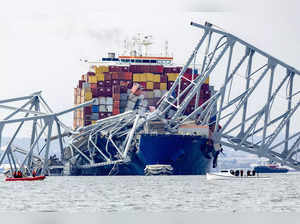 The cargo ship Dali sits in the water after running into and collapsing the Francis Scott Key Bridge on March 26, 2024 in Baltimore, Maryland.