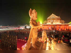 Ayodhya: A statue of Lord Hanuman at the illuminated Ram Mandir premises after i...