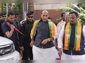 New Delhi: Defence Minister Rajnath Singh arrives for BJP's manifesto committee ...