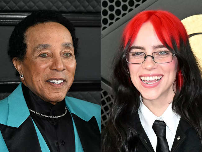 This combination of pictures created on April 02, 2024 shows(FILES) US singer/songwriter Smokey Robinson at the Crypto.com Arena in Los Angeles on February 5, 2023 and (FILES) US singer-songwriter Billie Eilish at the Crypto.com Arena in Los Angeles on February 4, 2024.