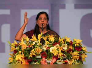 Wife of AAP chief and Delhi Chief Minister Arvind Kejriwal, Sunita Kejriwal, addresses during a rally organised by India's opposition coalition comprising of various political parties named ‘INDIA’ or Indian National Developmental Inclusive Alliance, in New Delhi on March 31, 2024.