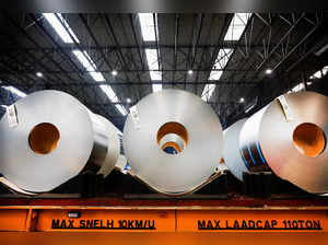 Rolls of steel are stored at the Tata Steel factory in Velsen-Noord