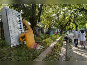 New Delhi: A model of Electronic Voting Machine (EVM) outside Election Commissio...
