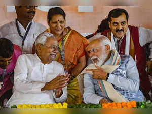 Nawada: Prime Minister Narendra Modi with Bihar Chief Minister Nitish Kumar duri...