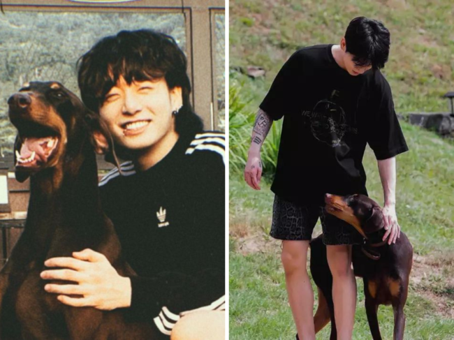 Jungkook with his pet dog Bam