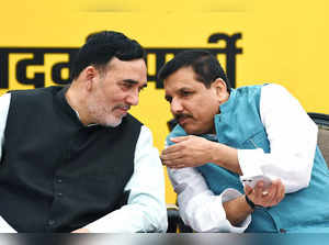 New Delhi, Apr 14 (ANI): AAP leaders Sanjay Singh and Gopal Rai during the 'Samv...