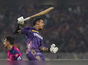 Kolkata: Kolkata Knight Riders batter Sunil Narine celebrates his century during...