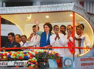 Agartala: Congress leader Priyanka Gandhi Vadra during an election campaign rall...