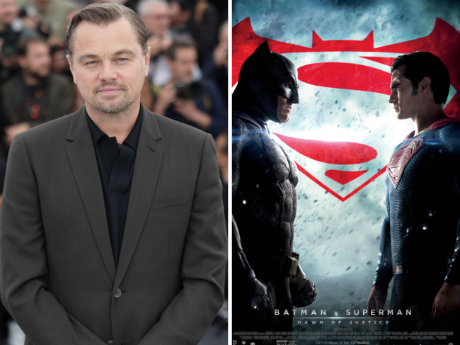 Leonardo DiCaprio and 'Batman v Superman' poster