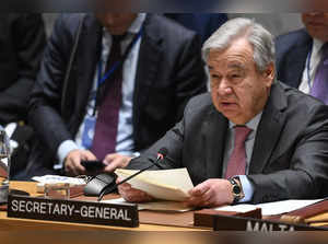 UN Secretary-General Antonio Guterres speaks during a UN Security Council meeting on the situation in the Middle East, including the Palestinian question, at UN headquarters in New York City on April 18, 2024.