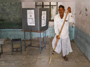 Nagaur: A voter with disability at a polling station during the first phase of v...