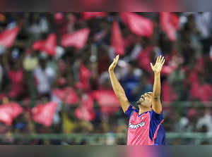 Jaipur: Rajasthan Royals bowler Sandeep Sharma celebrate his 5 wickets during th...