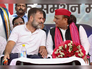 Amroha: Congress leader Rahul Gandhi with Samajwadi Party chief Akhilesh Yadav d...