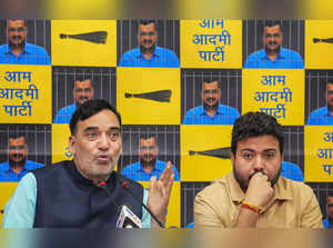 New Delhi: AAP leaders Gopal Rai and Durgesh Pathak address a press conference, ...