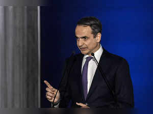 Greek Prime Minister Kyriakos Mitsotakis delivers a speech during a meeting of "New Democracy" party at the Zappeion in Athens on April 5, 2024.