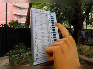 A model of EVM is displayed outside the office of the Election Commission of India, in New Delhi